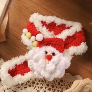 Christmas-Style Handmade Knitted Cat Scarf with Plush Trim